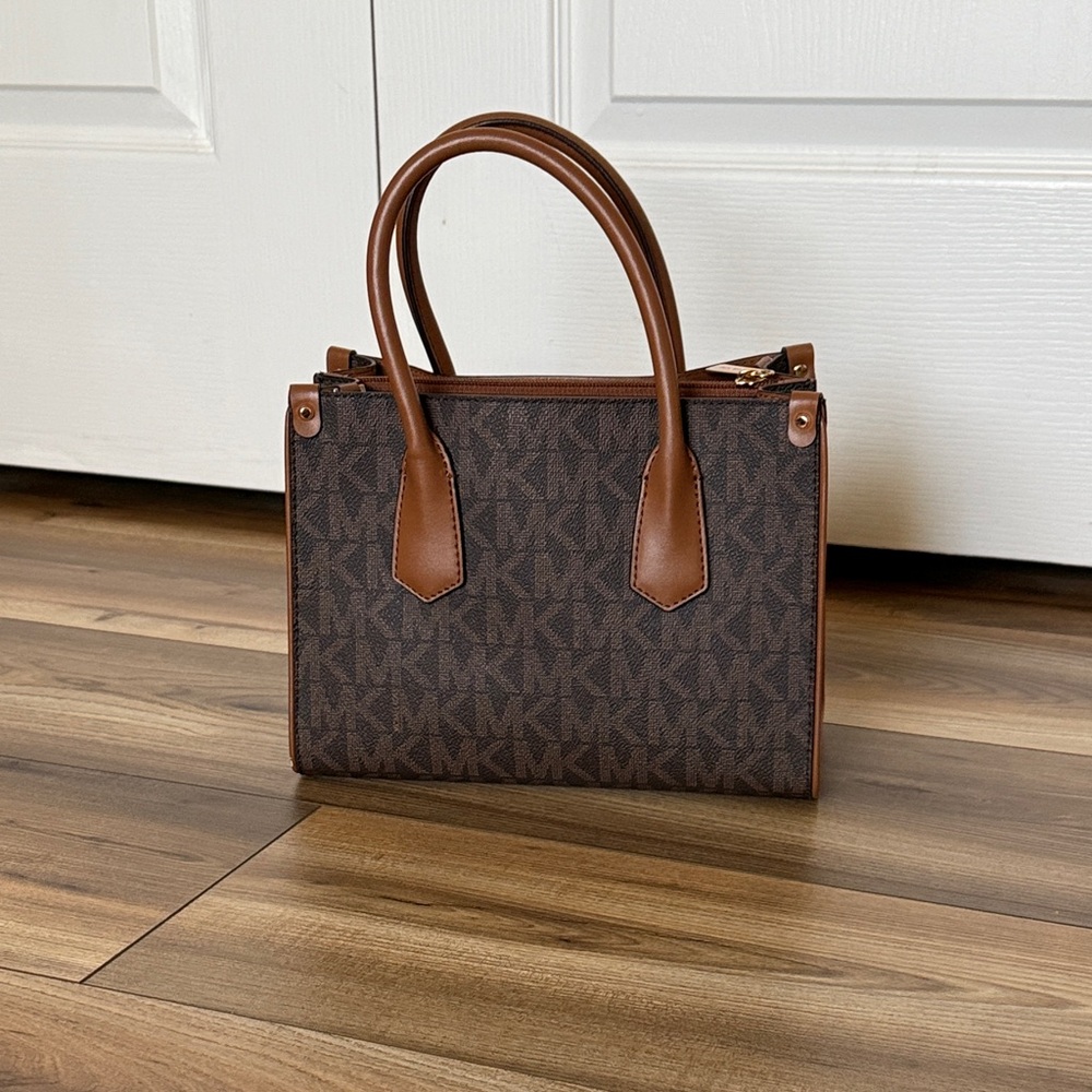 Michael Kors Brown Logo Satchel with Tan and Cream Center Stripes - Picture 3 of 3